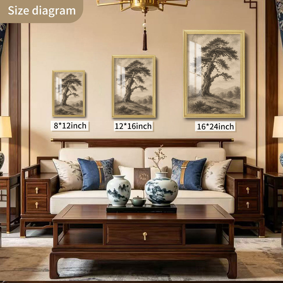 Vintage Sketch Landscape Canvas Wall Art Rustic Neutral Framed Home Decor Gift