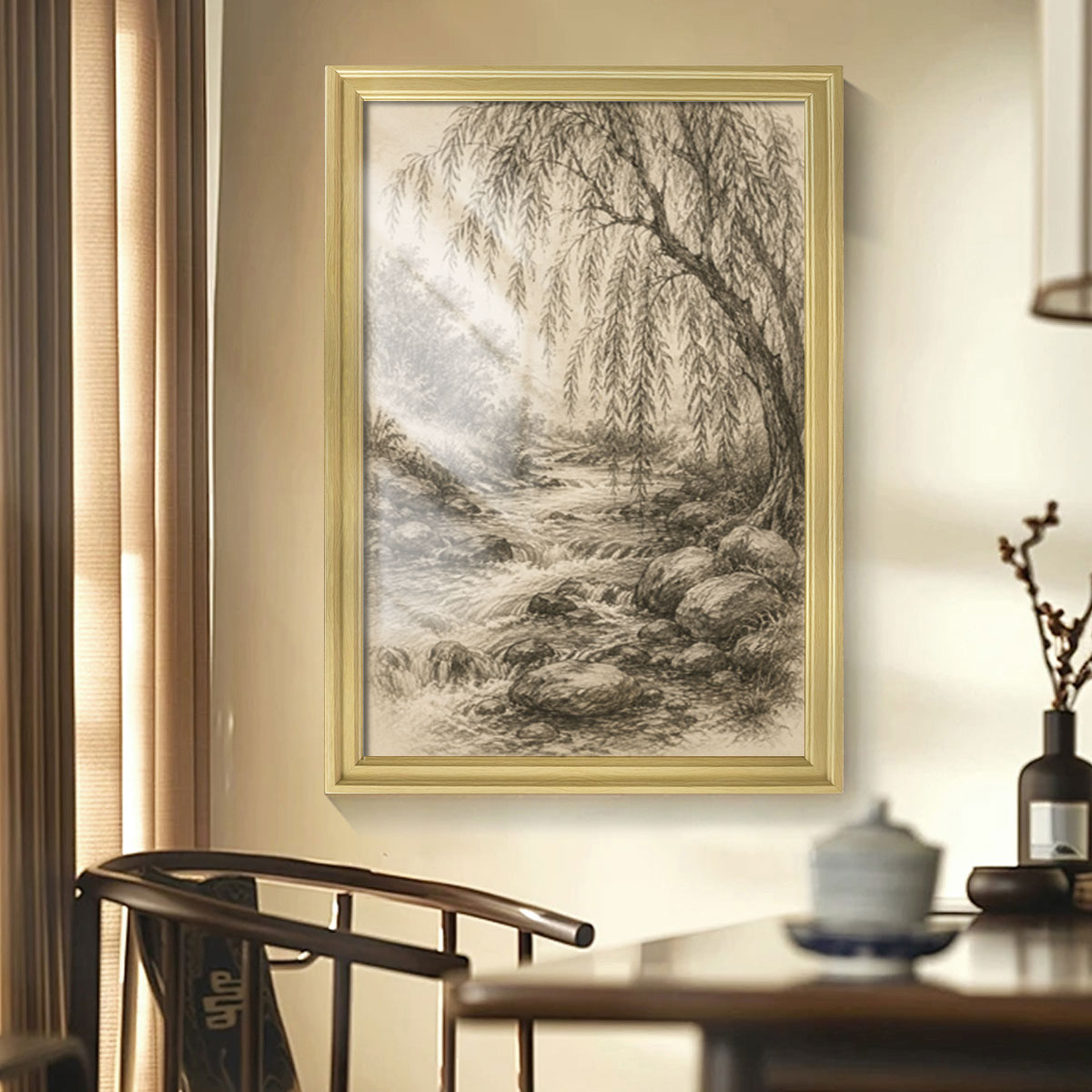 Vintage Sketch Landscape Canvas Wall Art Rustic Neutral Framed Home Decor Gift
