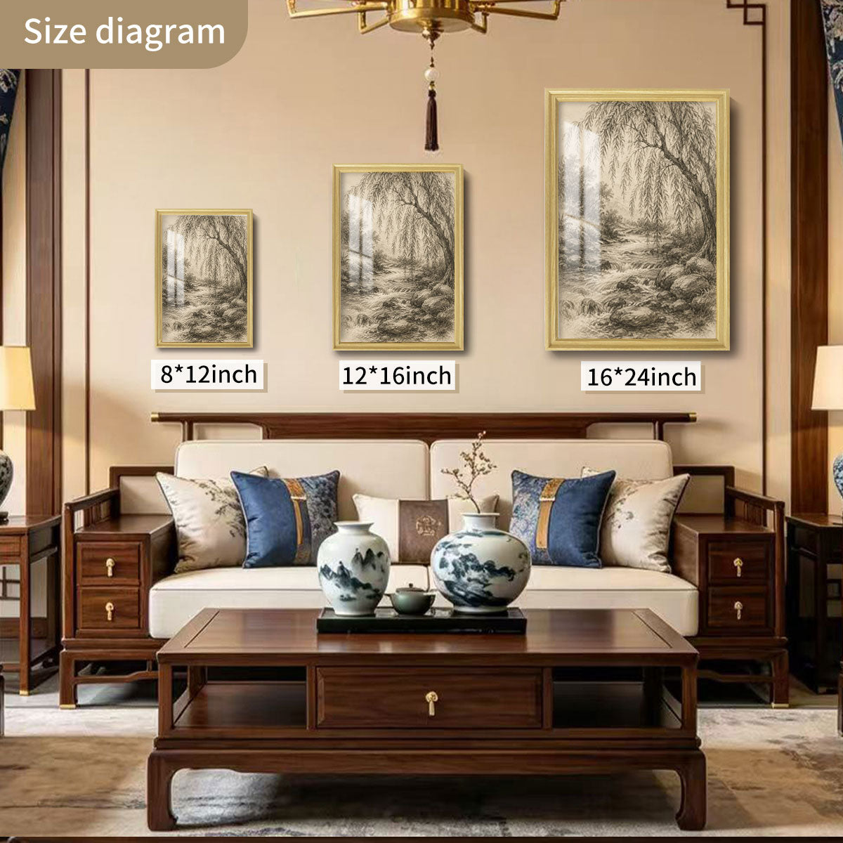 Vintage Sketch Landscape Canvas Wall Art Rustic Neutral Framed Home Decor Gift