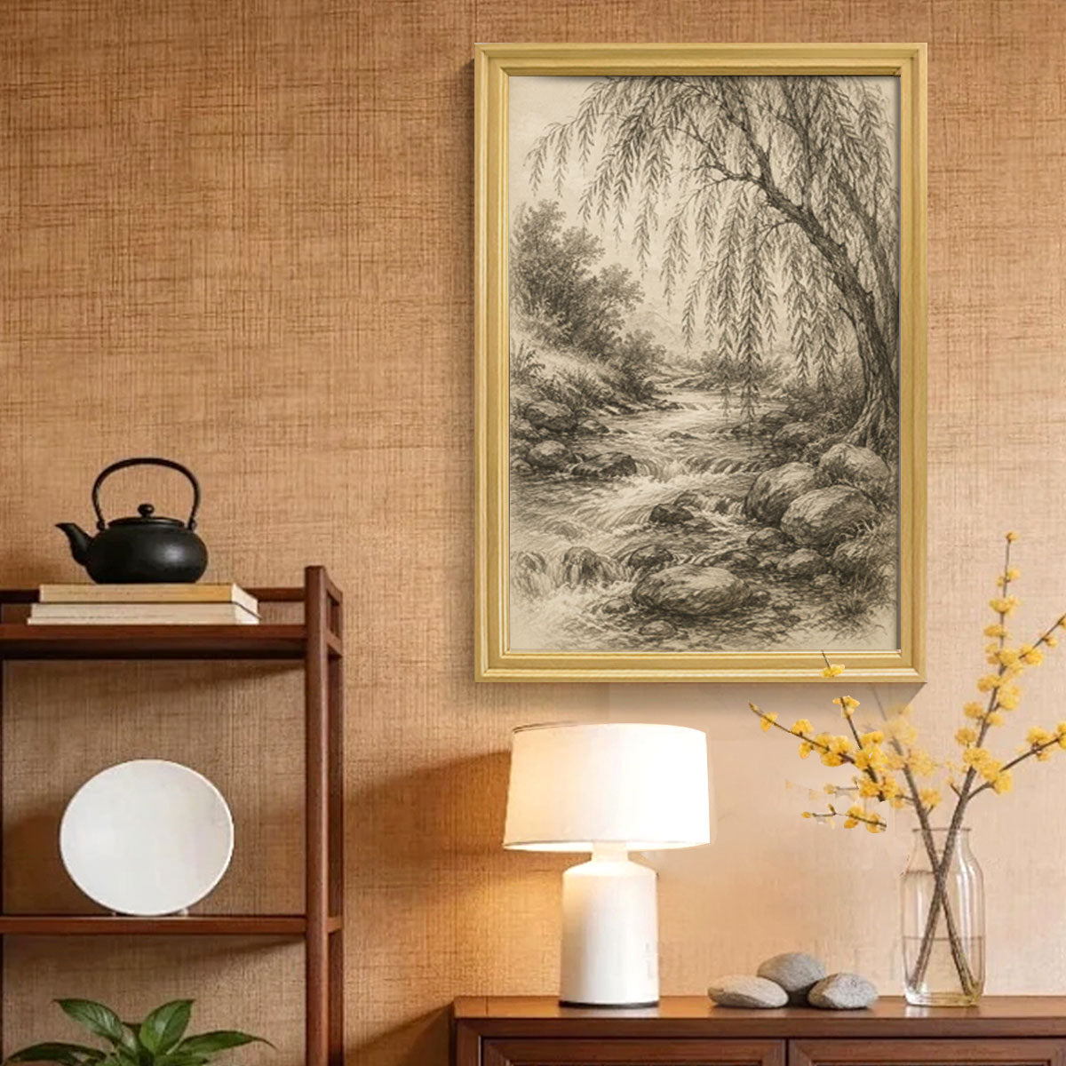 Vintage Sketch Landscape Canvas Wall Art Rustic Neutral Framed Home Decor Gift