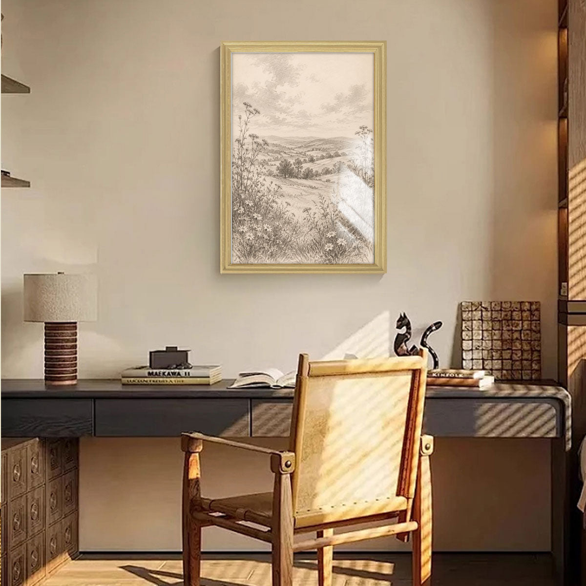 Vintage Sketch Landscape Canvas Wall Art Rustic Neutral Framed Home Decor Gift