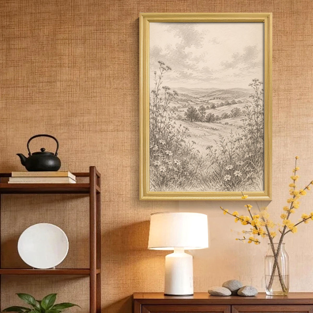 Vintage Sketch Landscape Canvas Wall Art Rustic Neutral Framed Home Decor Gift
