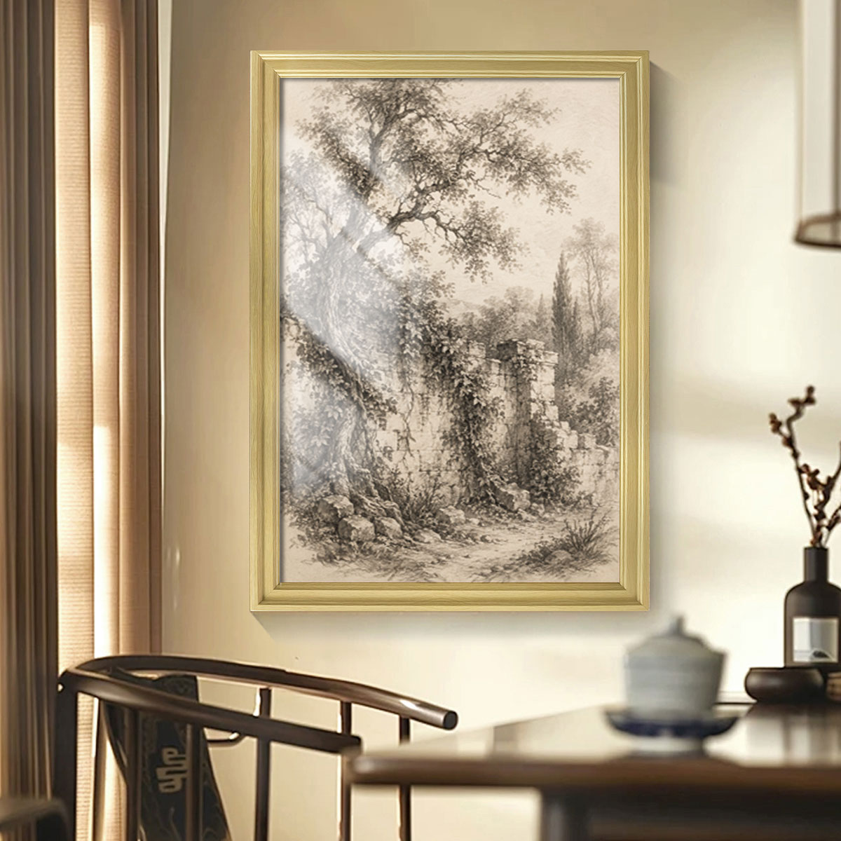 Vintage Sketch Landscape Canvas Wall Art Rustic Neutral Framed Home Decor Gift