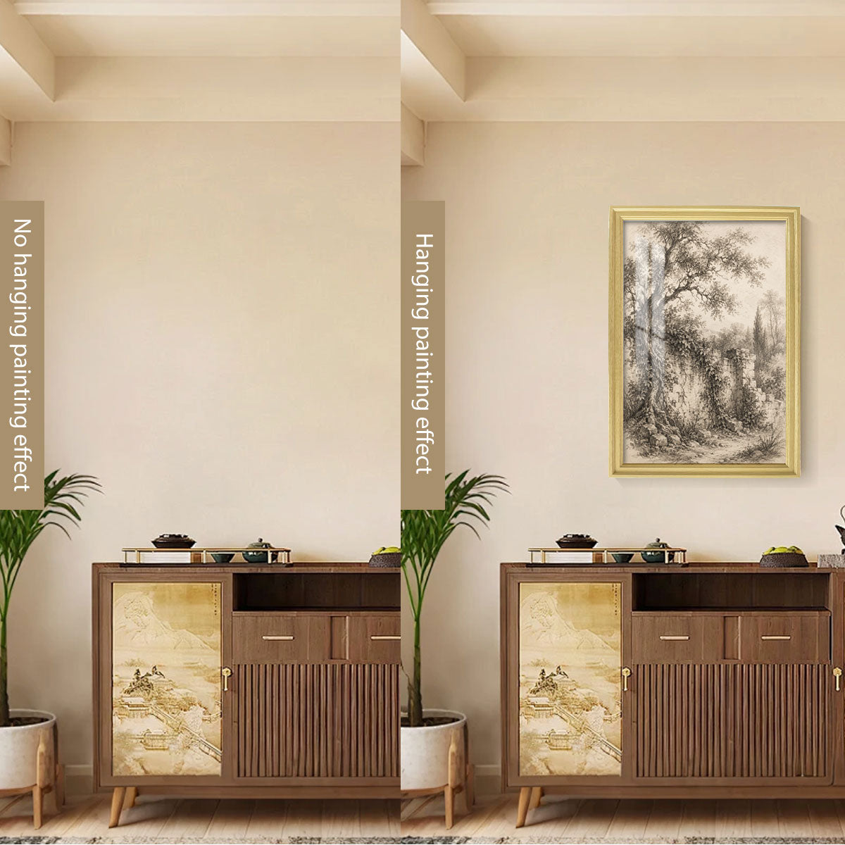 Vintage Sketch Landscape Canvas Wall Art Rustic Neutral Framed Home Decor Gift