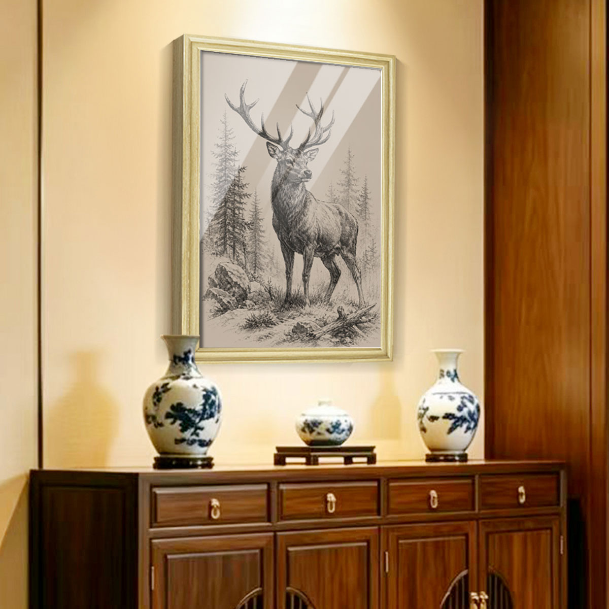 Vintage Wildlife Sketch Canvas Wall Art Rustic Cabin Wood Frame Home Decor Gift