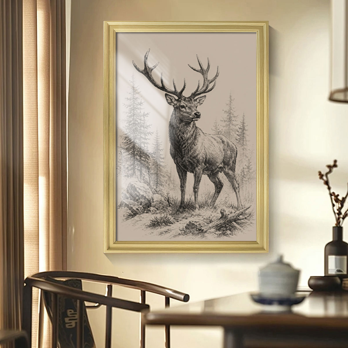Vintage Wildlife Sketch Canvas Wall Art Rustic Cabin Wood Frame Home Decor Gift