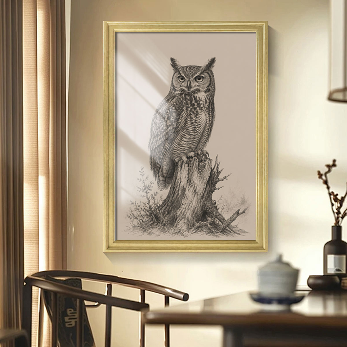 Vintage Wildlife Sketch Canvas Wall Art Rustic Cabin Wood Frame Home Decor Gift