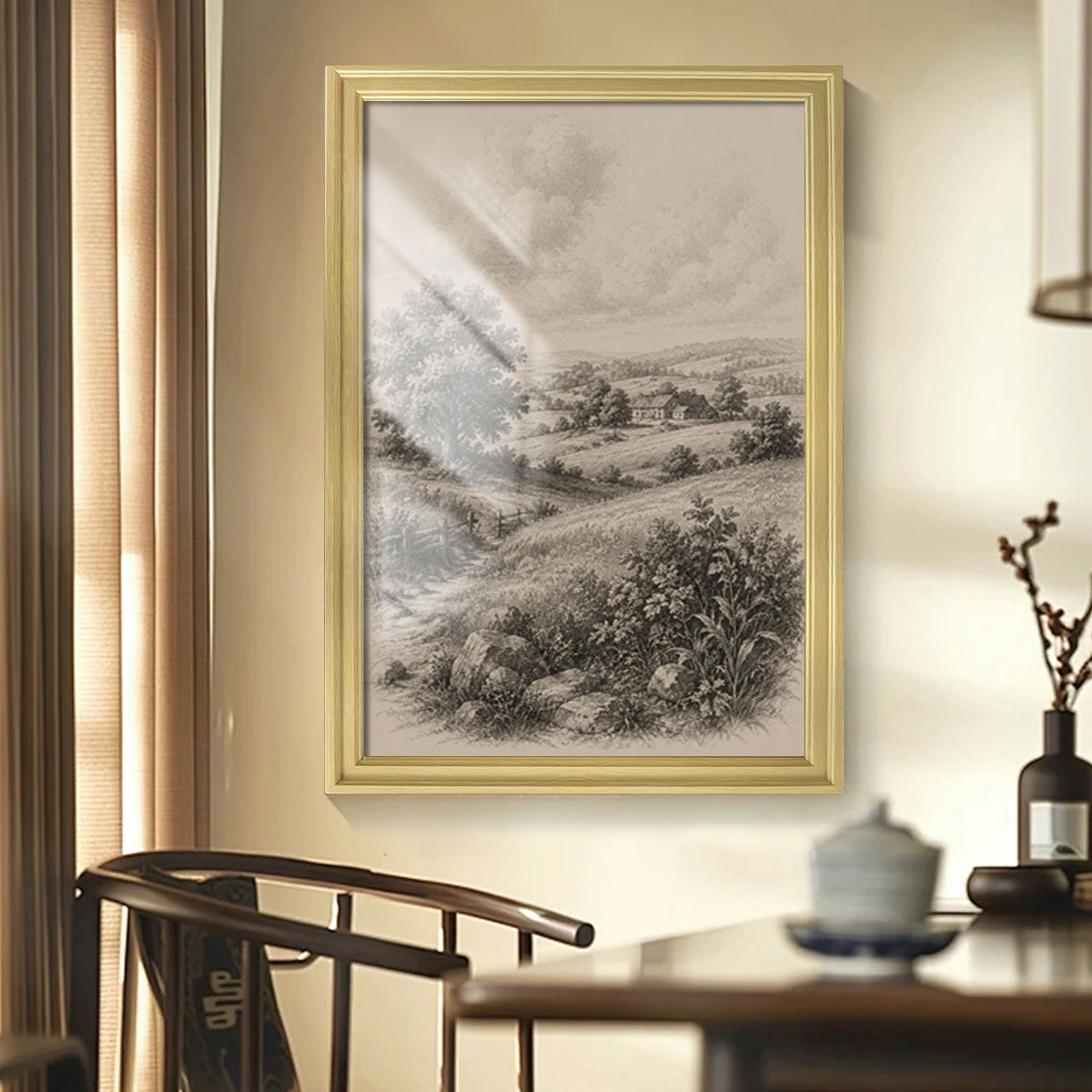 Vintage Wildlife & Landscape Sketch Canvas Wall Art Rustic Framed Cabin Decor