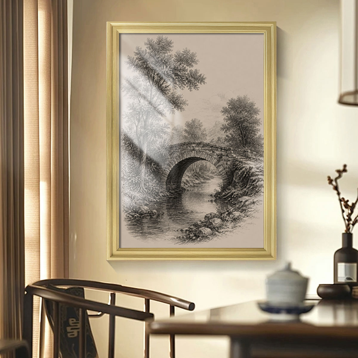 Vintage Wildlife & Landscape Sketch Canvas Wall Art Rustic Framed Cabin Decor