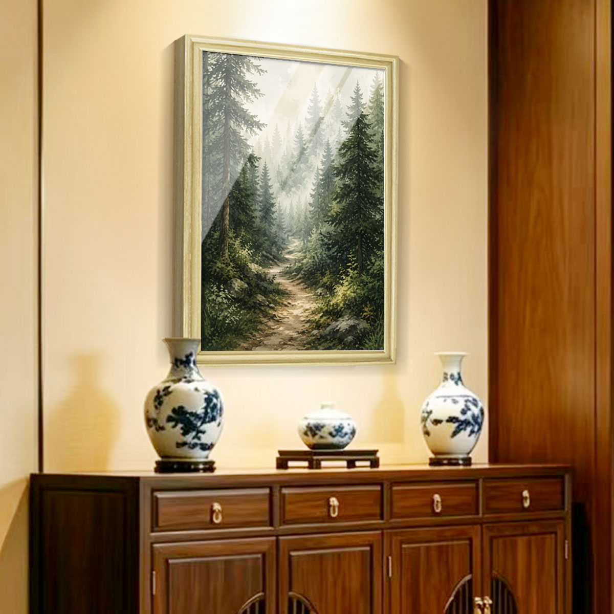 Watercolor Forest & Wildlife Canvas Wall Art Rustic Wood Frame Cabin Decor