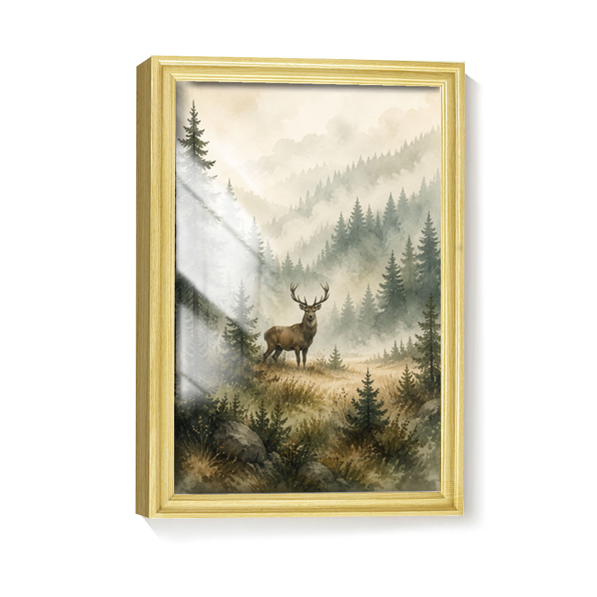 Watercolor Forest & Wildlife Canvas Wall Art Rustic Wood Frame Cabin Decor