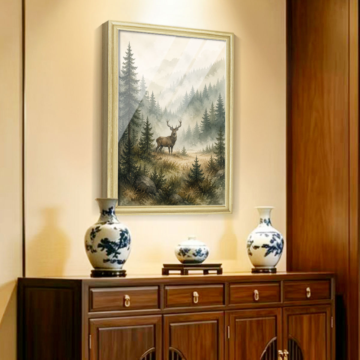 Watercolor Forest & Wildlife Canvas Wall Art Rustic Wood Frame Cabin Decor