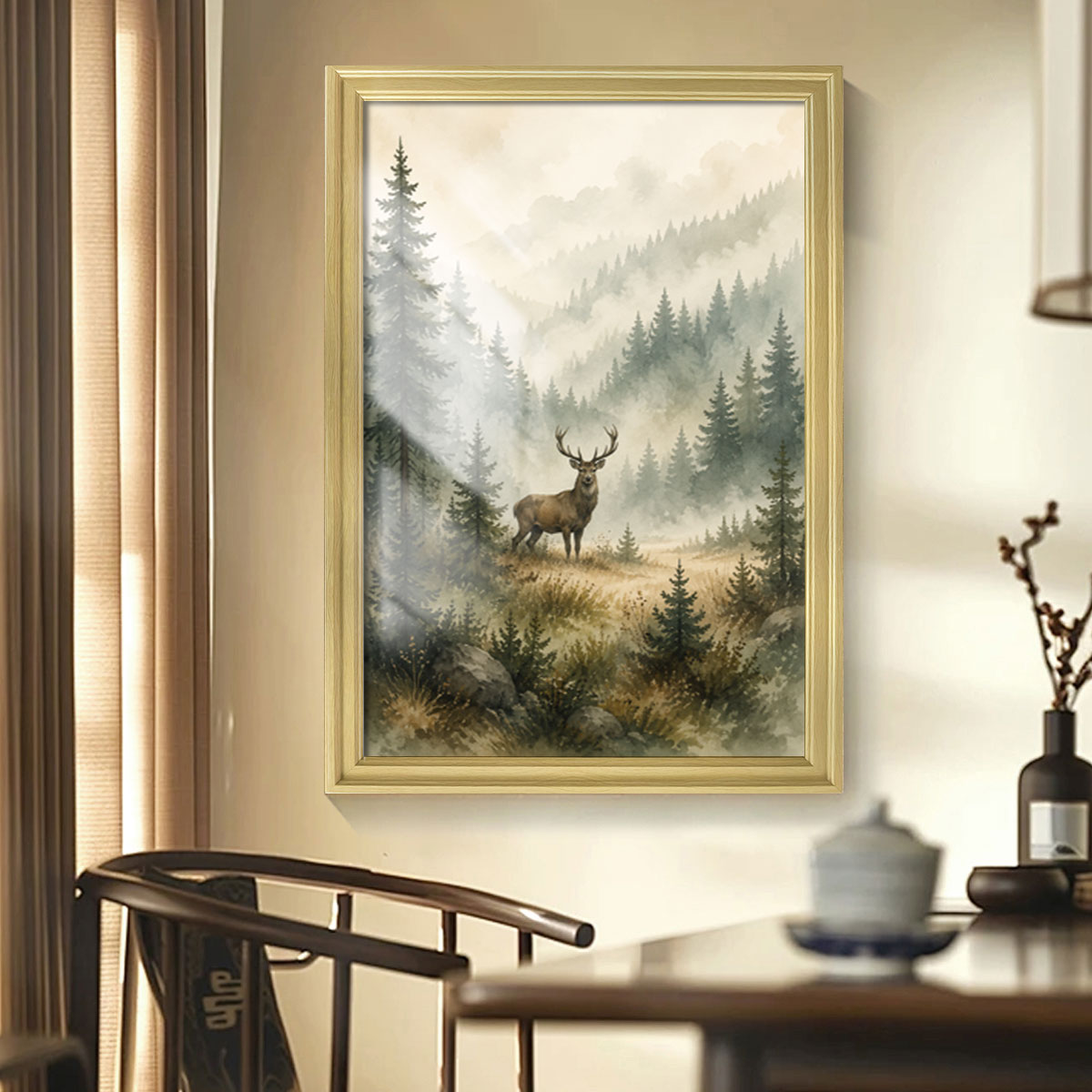Watercolor Forest & Wildlife Canvas Wall Art Rustic Wood Frame Cabin Decor
