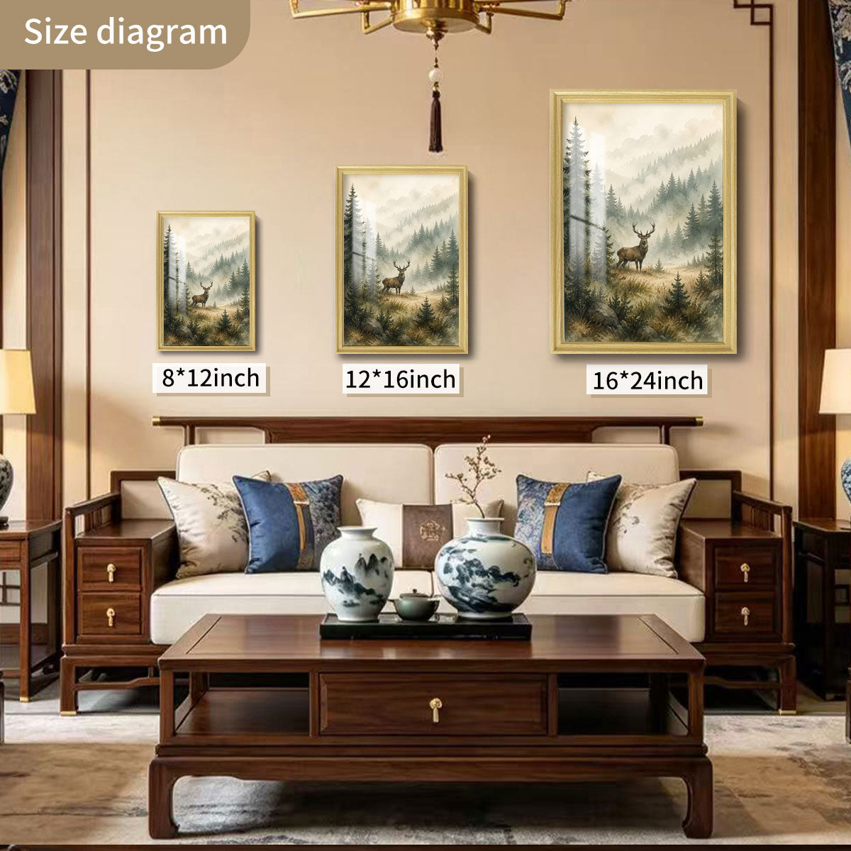 Watercolor Forest & Wildlife Canvas Wall Art Rustic Wood Frame Cabin Decor