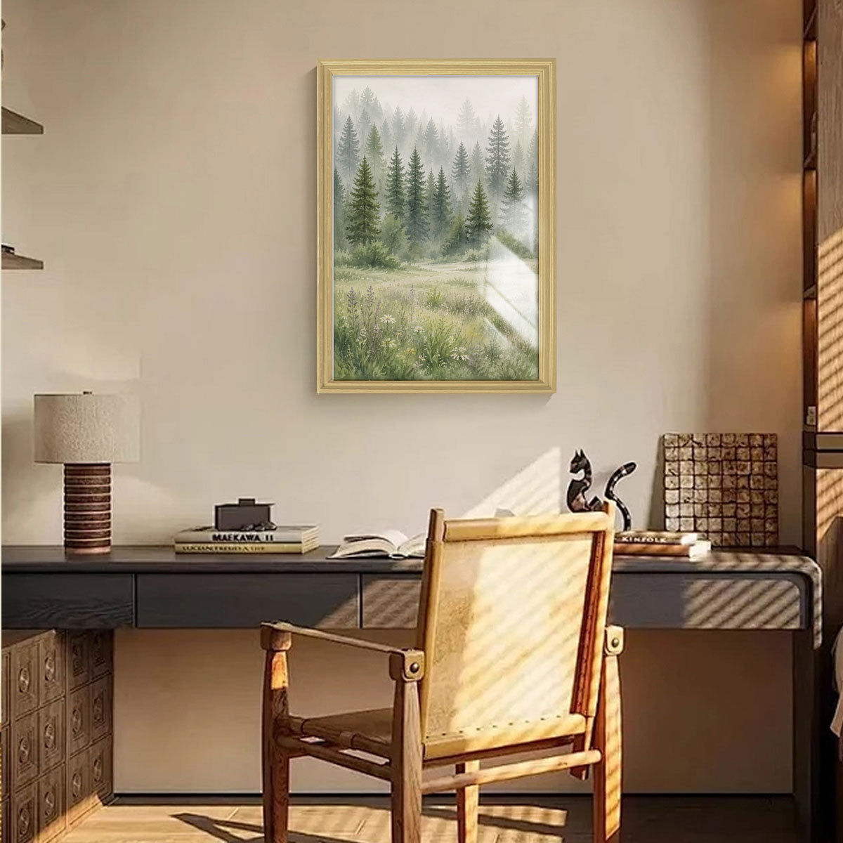 Watercolor Forest & Wildlife Canvas Wall Art Rustic Wood Frame Cabin Decor