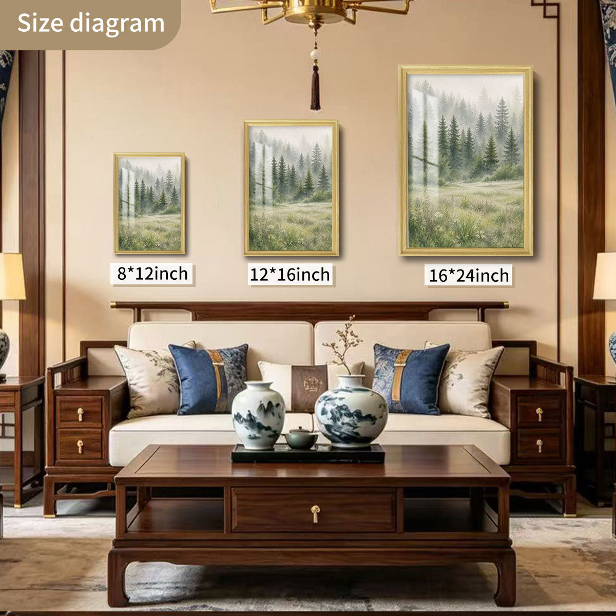Watercolor Forest & Wildlife Canvas Wall Art Rustic Wood Frame Cabin Decor