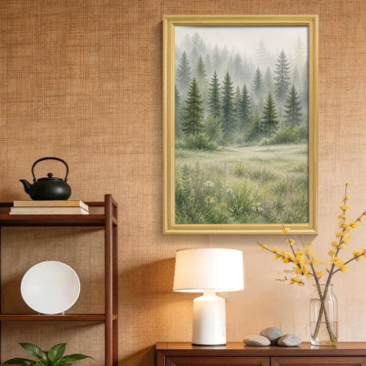 Watercolor Forest & Wildlife Canvas Wall Art Rustic Wood Frame Cabin Decor