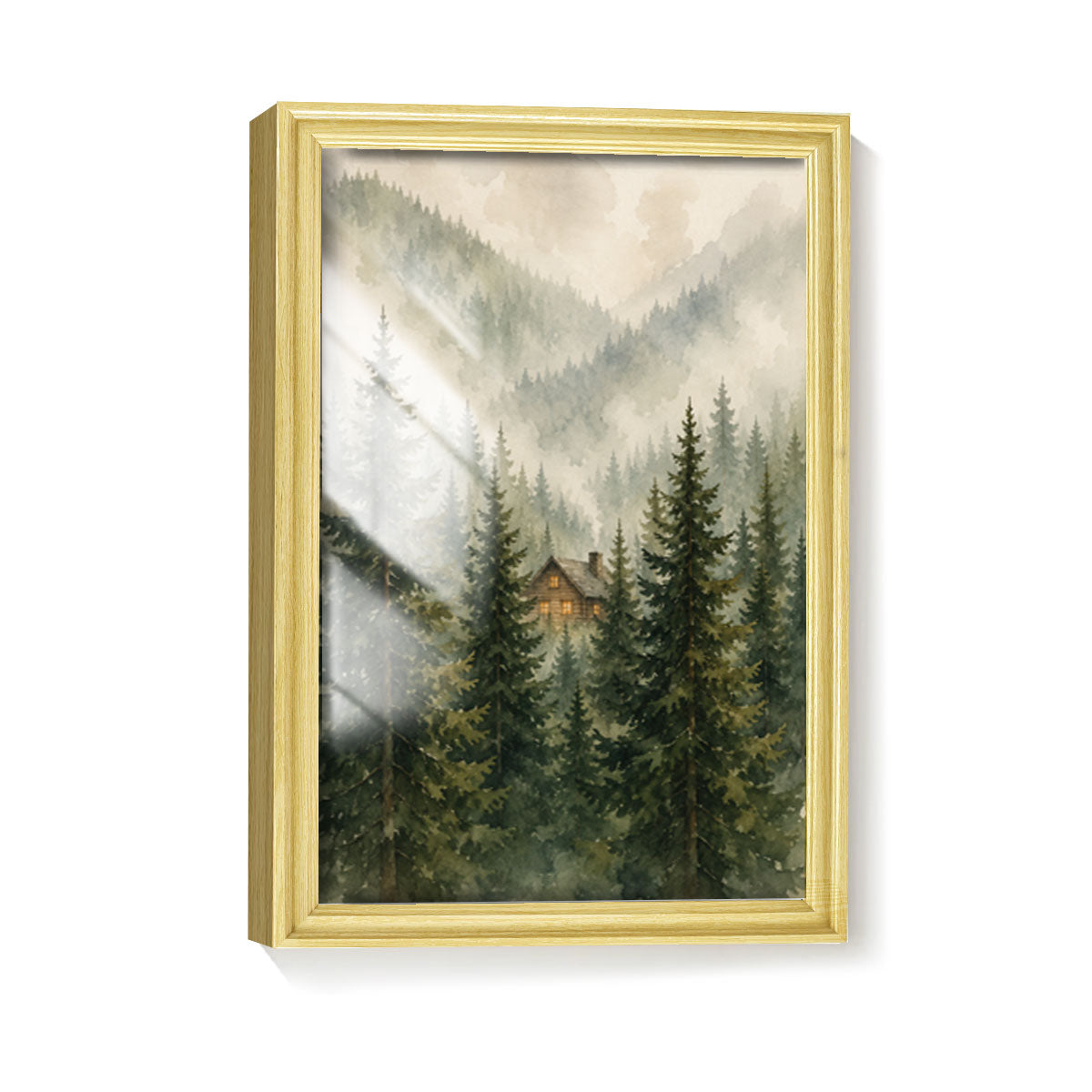 Watercolor Misty Forest Cabin Canvas Wall Art Rustic Wood Frame Home Decor