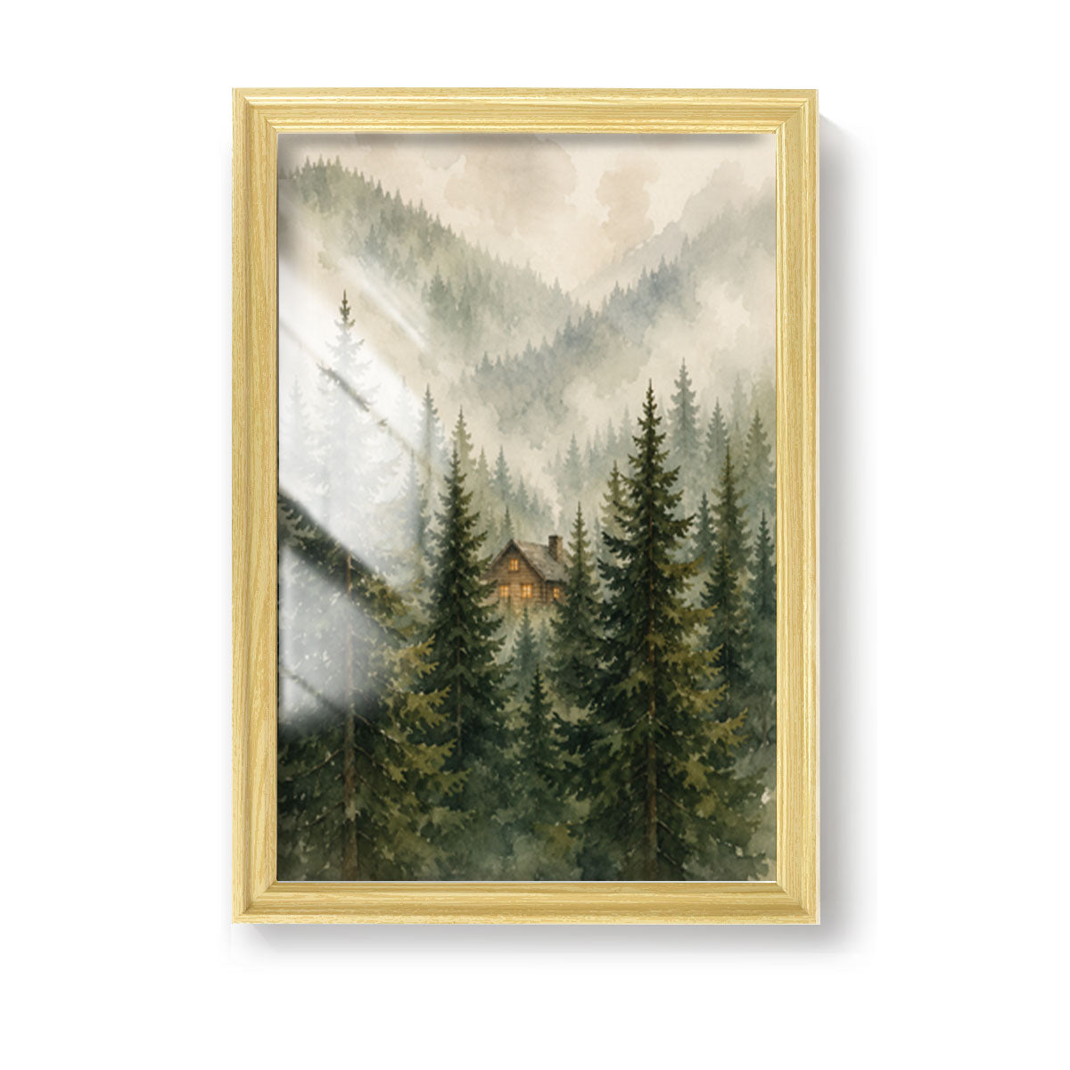 Watercolor Misty Forest Cabin Canvas Wall Art Rustic Wood Frame Home Decor
