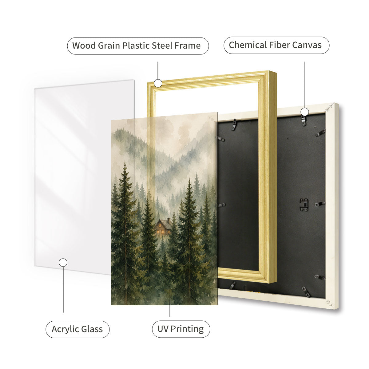 Watercolor Misty Forest Cabin Canvas Wall Art Rustic Wood Frame Home Decor