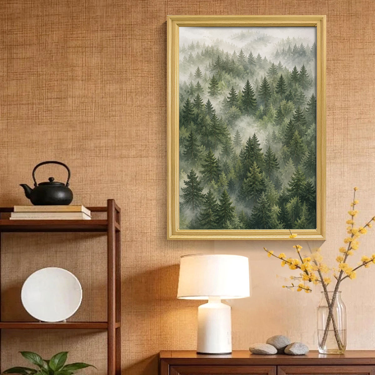 Watercolor Misty Forest Cabin Canvas Wall Art Rustic Wood Frame Home Decor