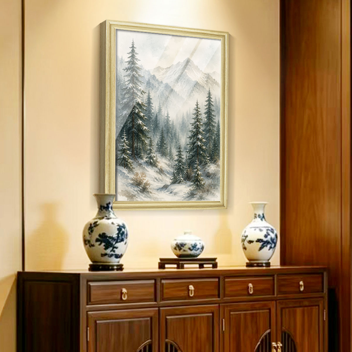 Watercolor Misty Forest Cabin Canvas Wall Art Rustic Wood Frame Home Decor