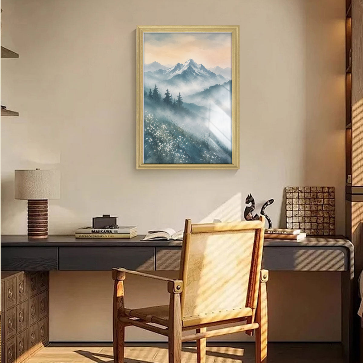 Watercolor Misty Forest Cabin Canvas Wall Art Rustic Wood Frame Home Decor