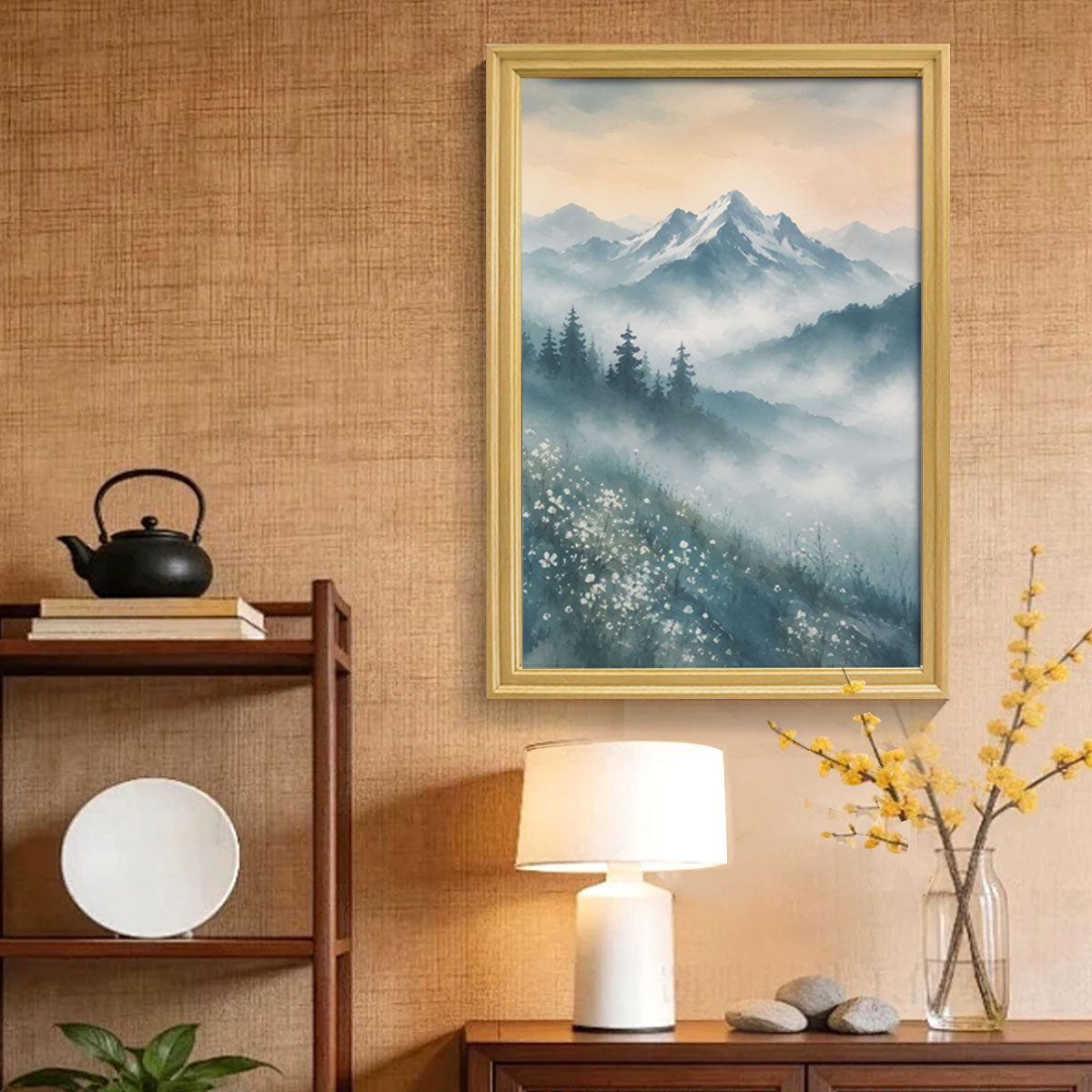 Watercolor Misty Forest Cabin Canvas Wall Art Rustic Wood Frame Home Decor