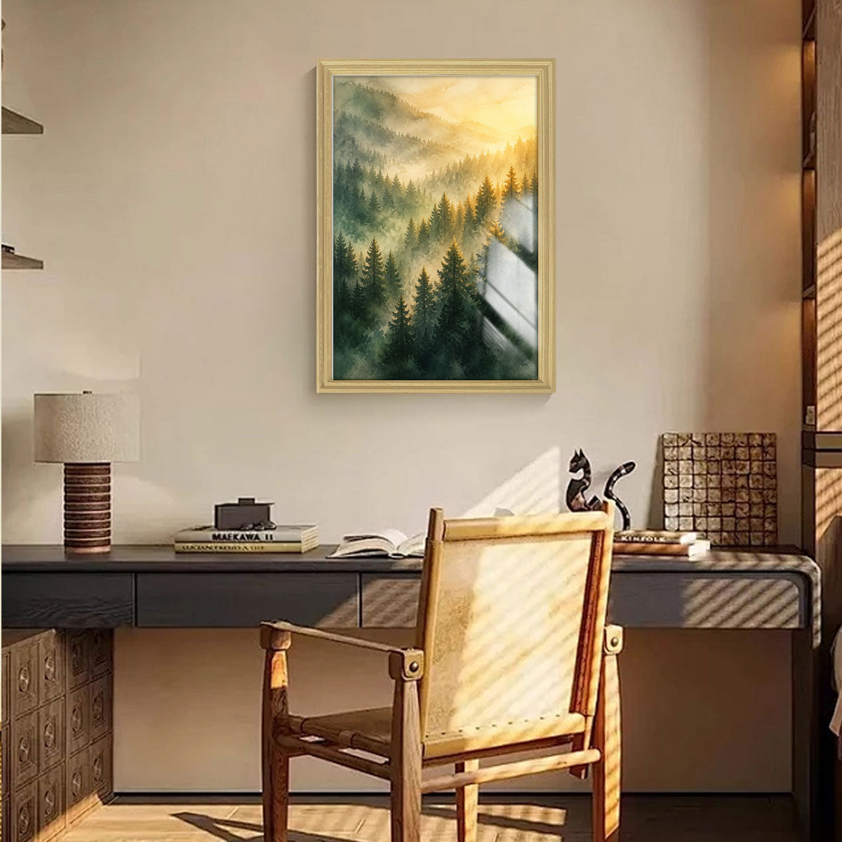 Watercolor Misty Forest Cabin Canvas Wall Art Rustic Wood Frame Home Decor