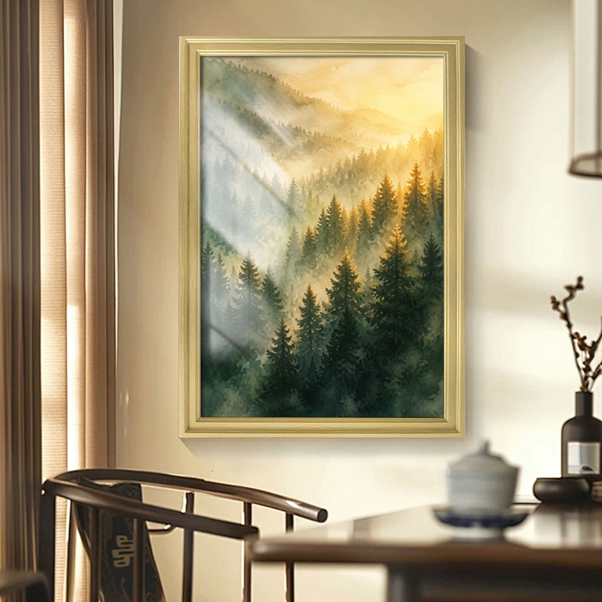 Watercolor Misty Forest Cabin Canvas Wall Art Rustic Wood Frame Home Decor