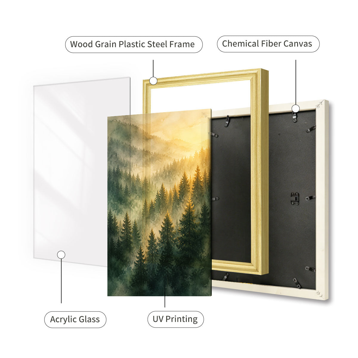 Watercolor Misty Forest Cabin Canvas Wall Art Rustic Wood Frame Home Decor