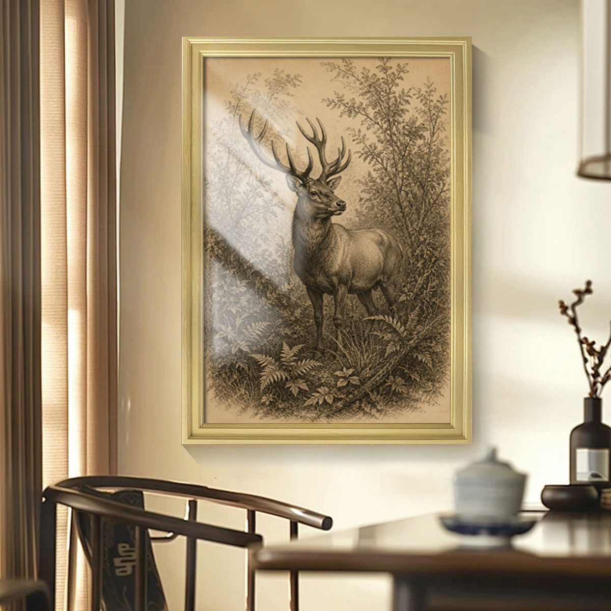 Vintage Etching Forest & Wildlife Canvas Wall Art Rustic Framed Home Decor