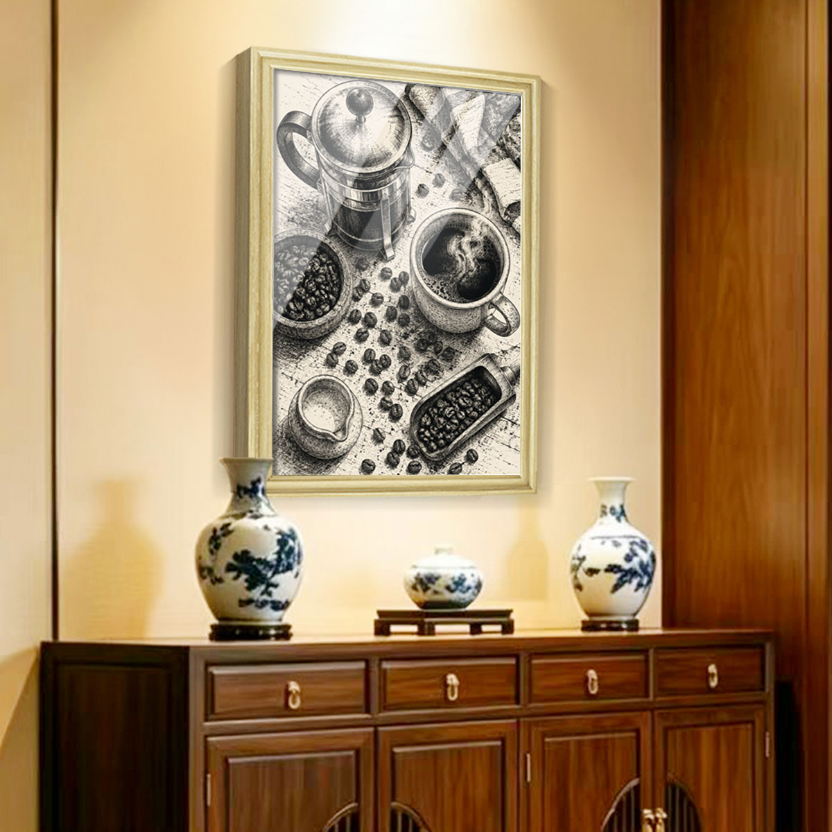 Vintage Kitchen Sketch Canvas Wall Art Rustic Food Decor Wood Frame Gift