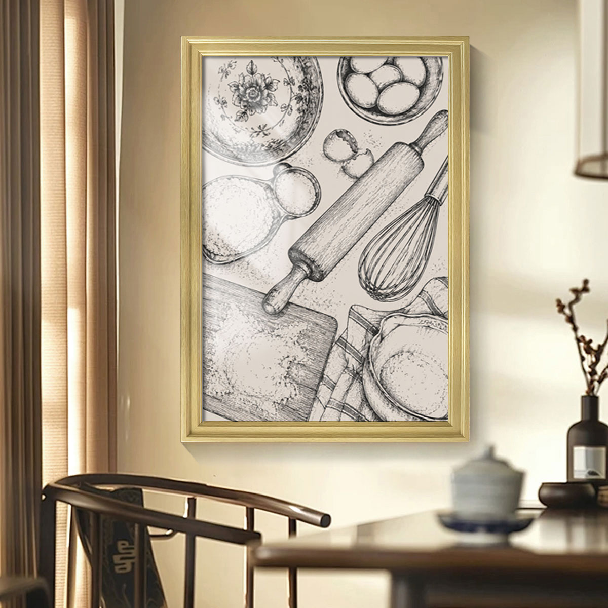 Vintage Kitchen & Garden Sketch Canvas Wall Art Rustic Wood Frame Decor Gift