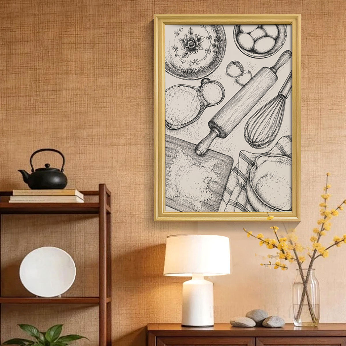 Vintage Kitchen & Garden Sketch Canvas Wall Art Rustic Wood Frame Decor Gift