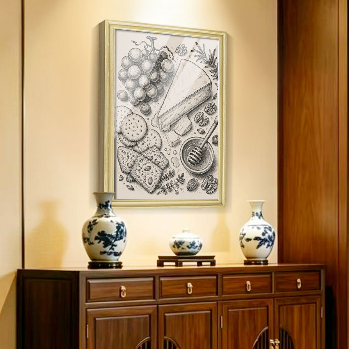 Vintage Food & Bar Cart Etching Canvas Wall Art Rustic Wood Framed Kitchen Decor