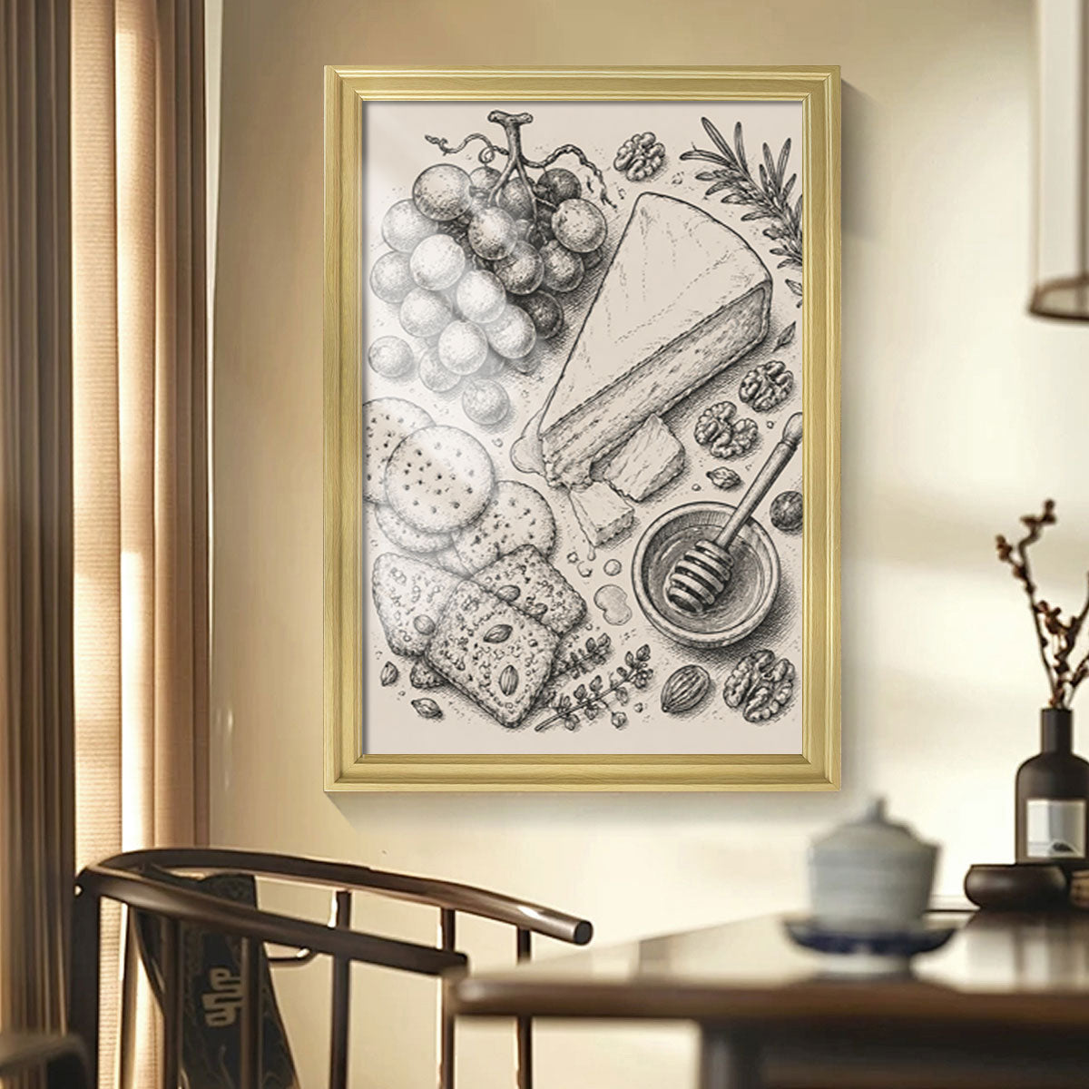 Vintage Food & Bar Cart Etching Canvas Wall Art Rustic Wood Framed Kitchen Decor