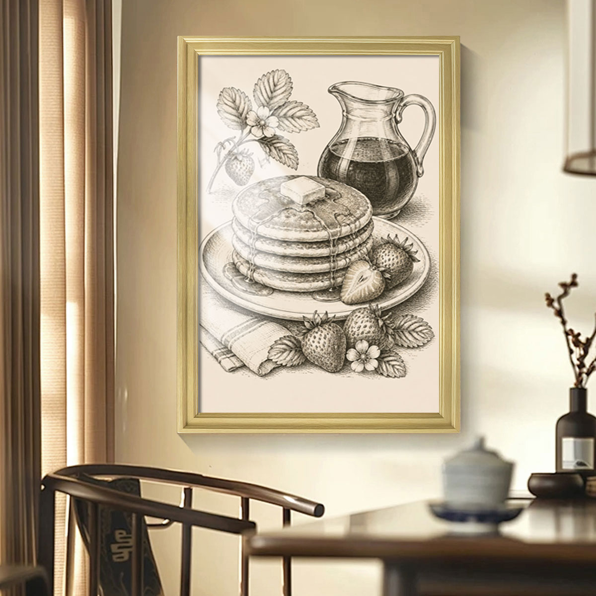 Vintage Food & Bar Cart Etching Canvas Wall Art Rustic Wood Framed Kitchen Decor
