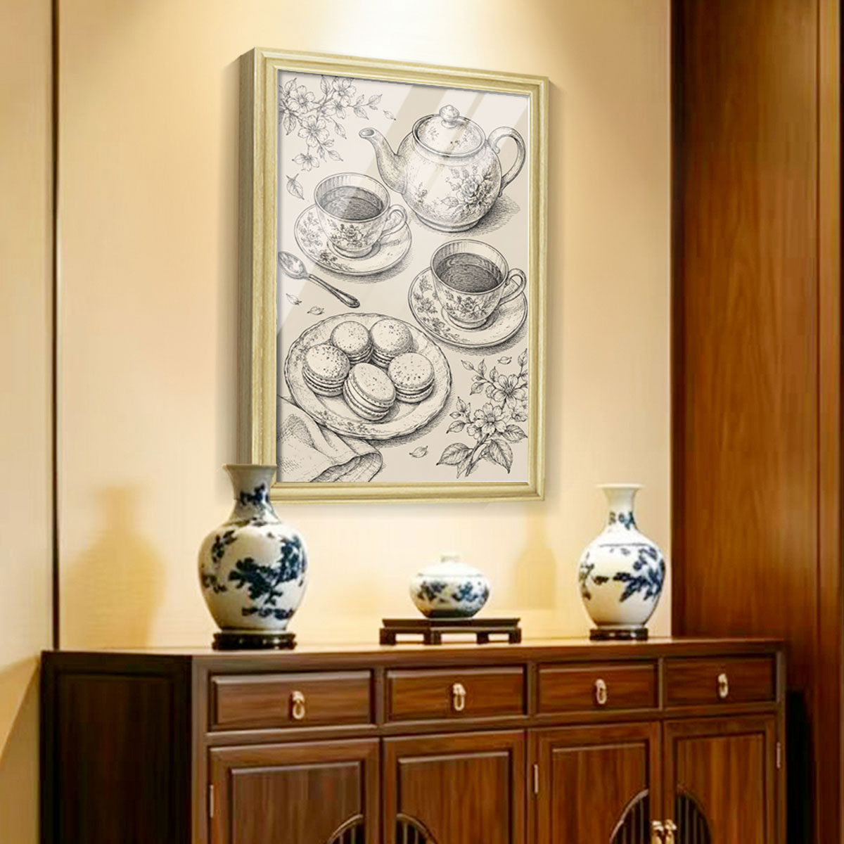 Vintage Food & Bar Cart Etching Canvas Wall Art Rustic Wood Framed Kitchen Decor