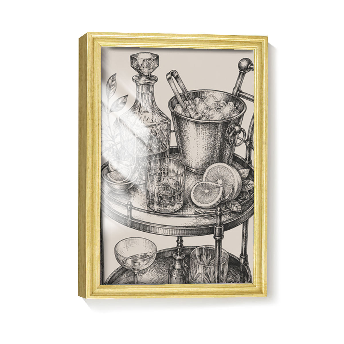 Vintage Food & Bar Cart Etching Canvas Wall Art Rustic Wood Framed Kitchen Decor