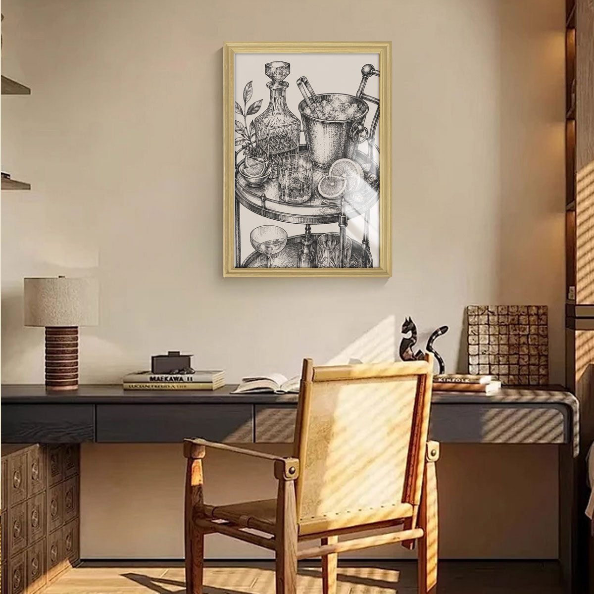 Vintage Food & Bar Cart Etching Canvas Wall Art Rustic Wood Framed Kitchen Decor