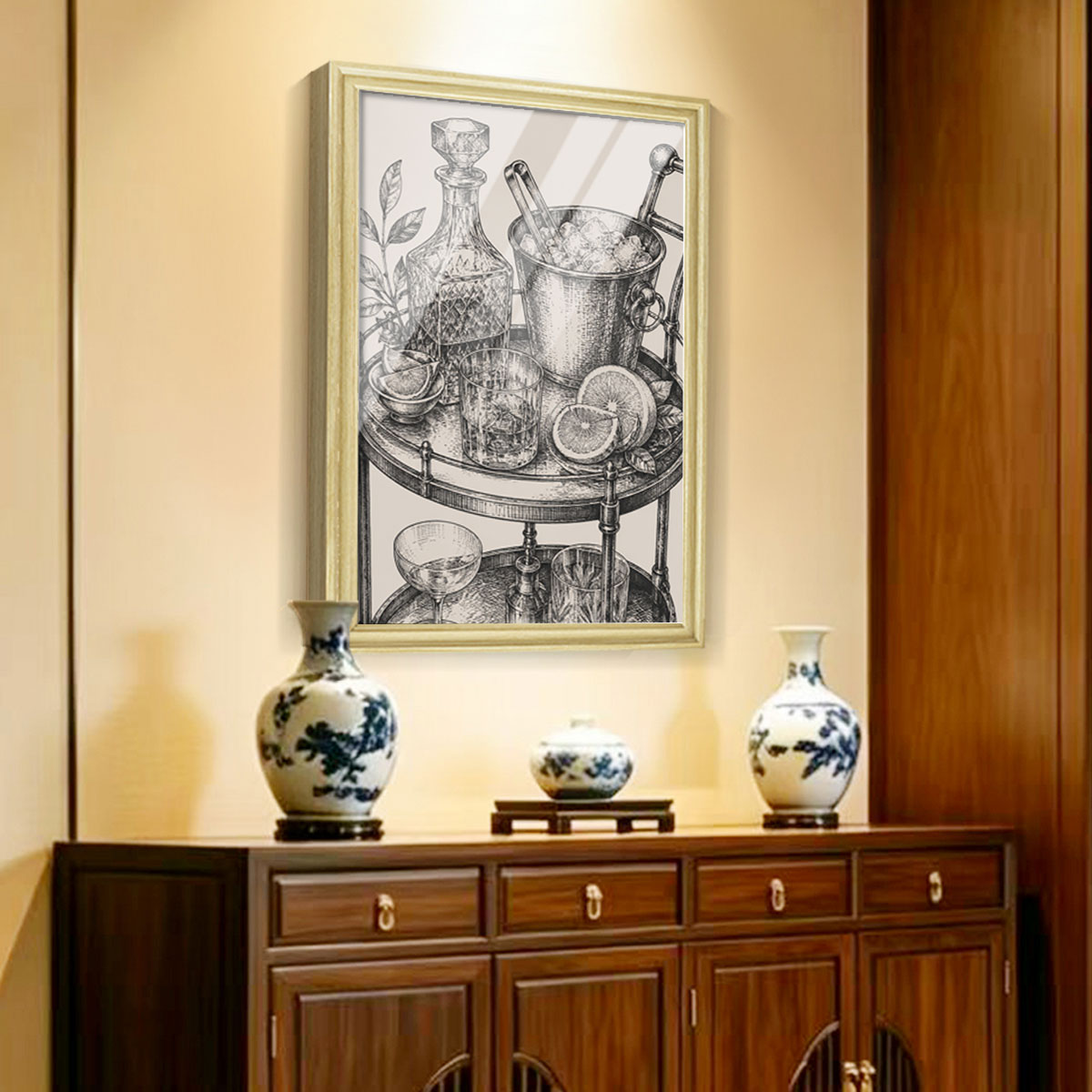 Vintage Food & Bar Cart Etching Canvas Wall Art Rustic Wood Framed Kitchen Decor