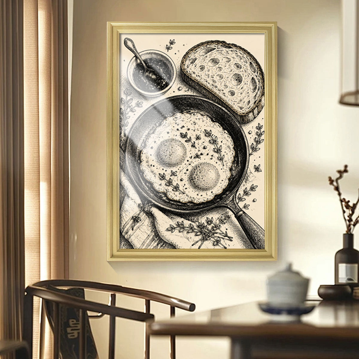 Vintage Food & Bar Cart Etching Canvas Wall Art Rustic Wood Framed Kitchen Decor