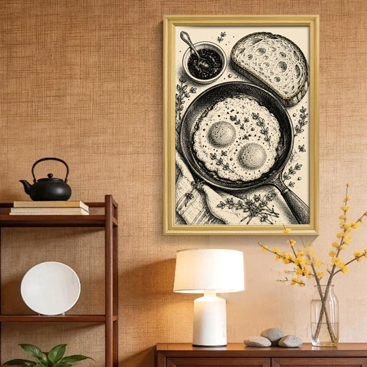 Vintage Food & Bar Cart Etching Canvas Wall Art Rustic Wood Framed Kitchen Decor