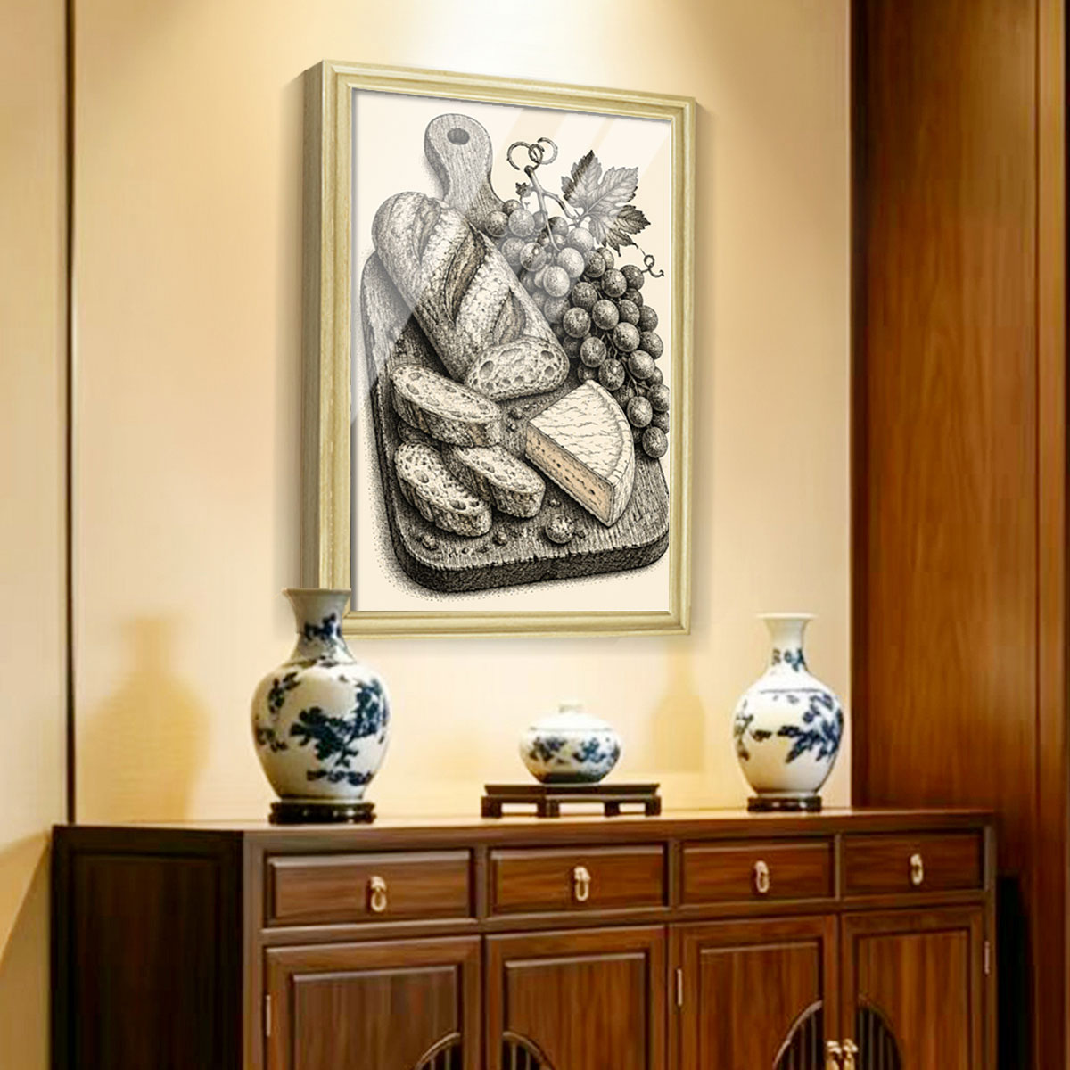 Vintage Kitchen Sketch Canvas Wall Art Rustic Food Decor Wood Frame Gift
