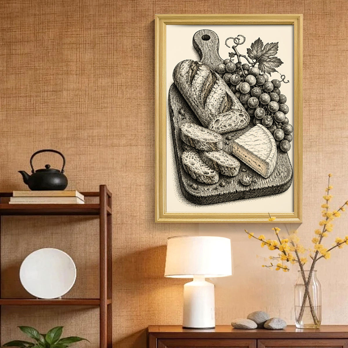 Vintage Kitchen Sketch Canvas Wall Art Rustic Food Decor Wood Frame Gift