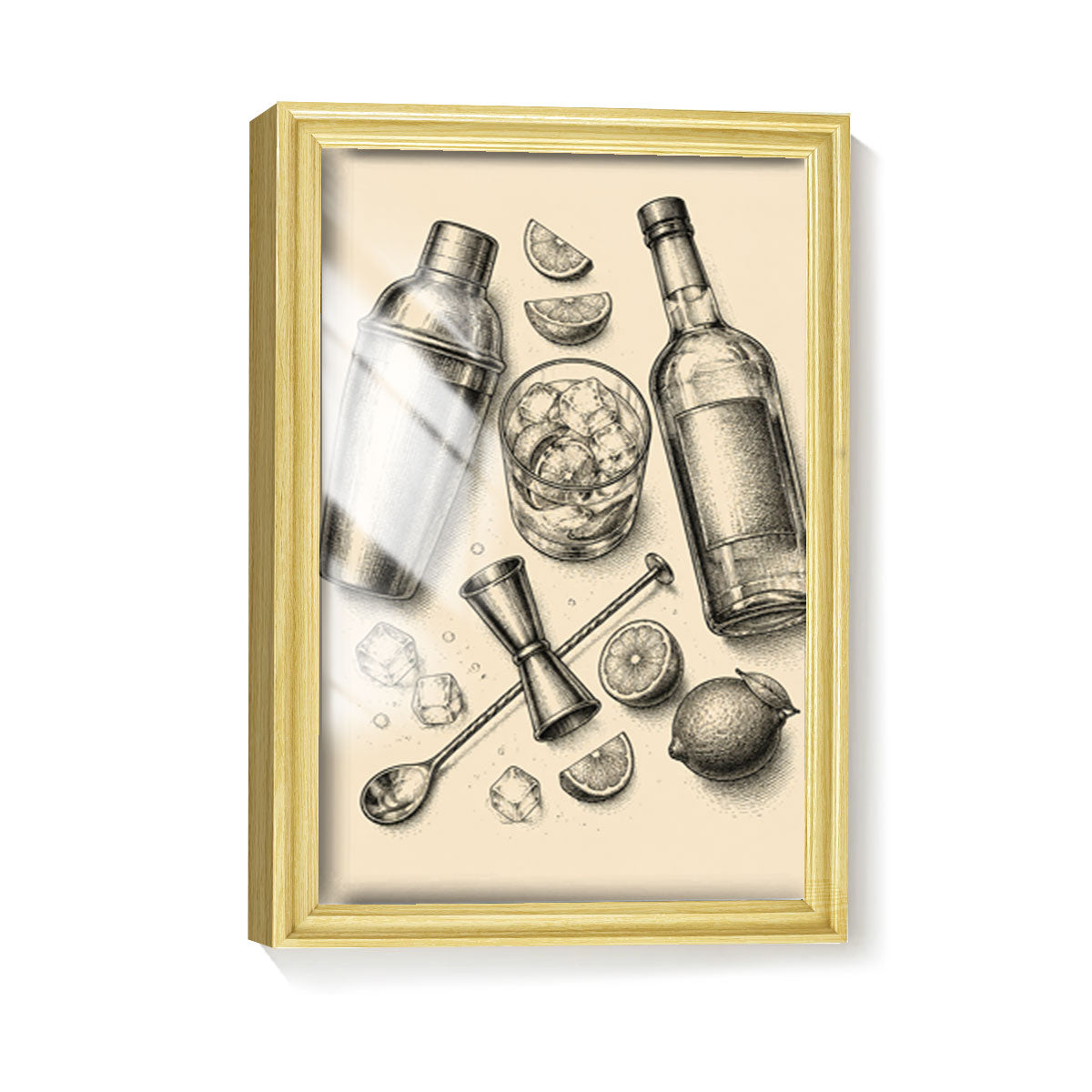 Vintage Food & Bar Cart Etching Canvas Wall Art Rustic Wood Framed Kitchen Decor