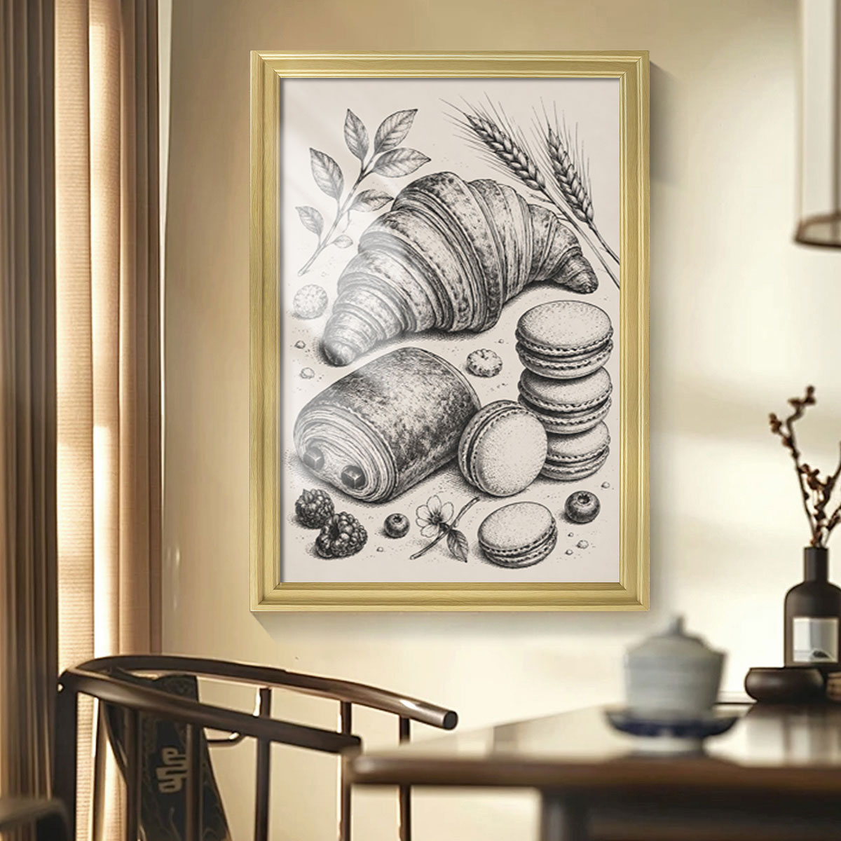 Vintage Kitchen Sketch Canvas Wall Art Rustic Food Decor Wood Frame Gift