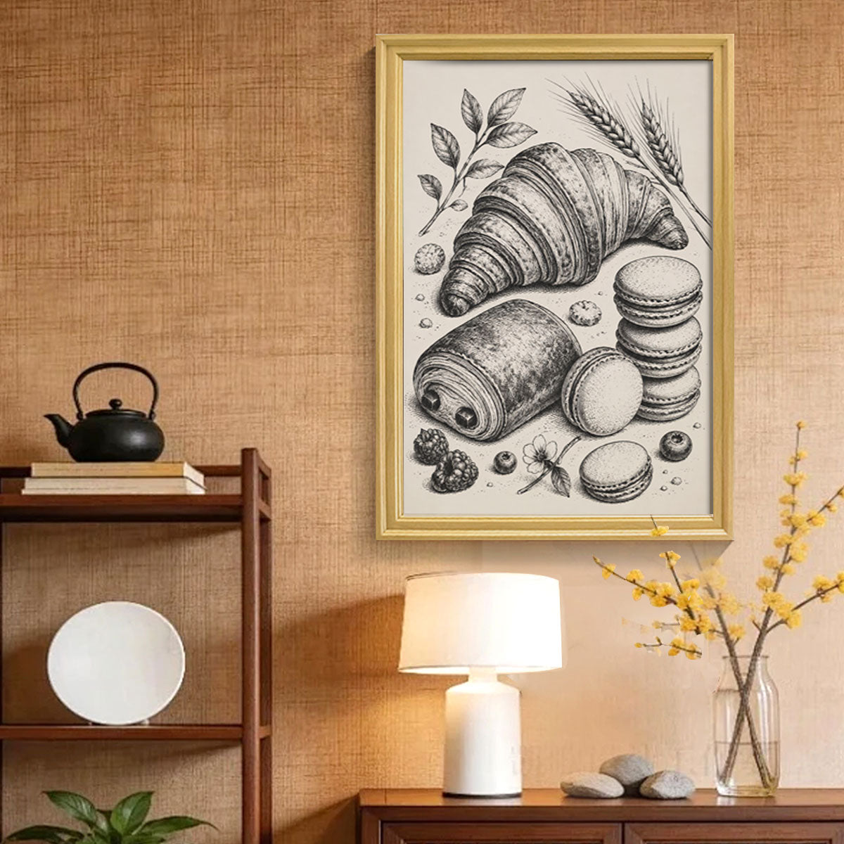 Vintage Kitchen Sketch Canvas Wall Art Rustic Food Decor Wood Frame Gift