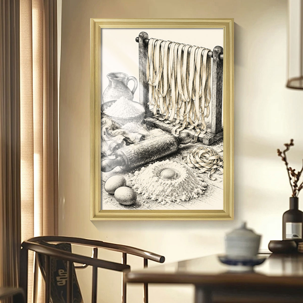 Vintage Kitchen Sketch Canvas Wall Art Rustic Food Decor Wood Frame Gift